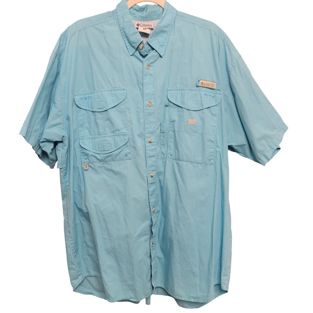 Columbia PFG Fishing Shirt Mens XL Blue Short Sleeve Cotton Bahama II FM7130